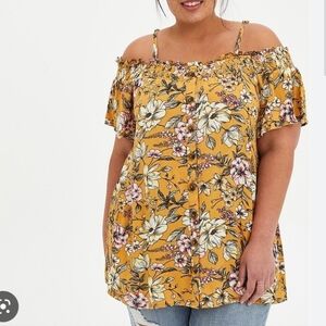 Torrid yellow floral gauze smocked cold shoulder top size 1